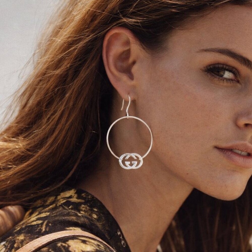 New, Gucci Sterling Silver Large "Brit" GG Hoop Earrings